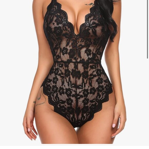 Black Lace Teddy, V-neck, Snap crotch - NWT - Picture 8 of 8